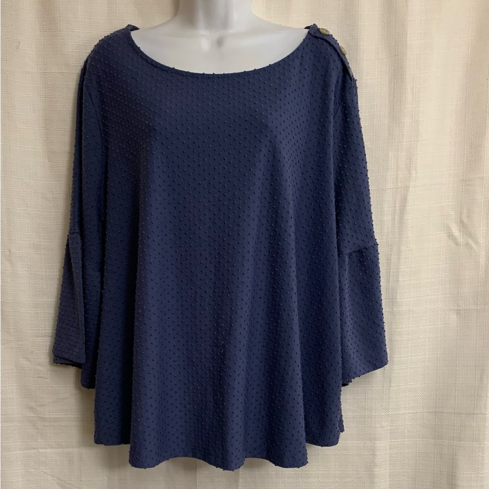 Women's Navy Blue Textured Top Dotted Ruffled Size 2X 3/4 Sleeve
